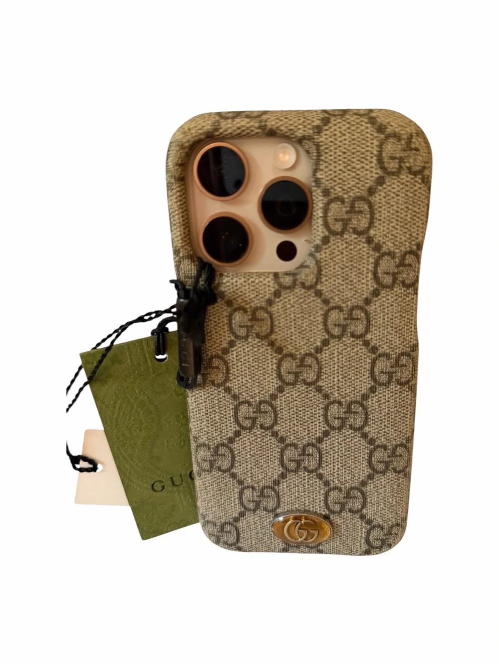 Gucci Beige Monogram GG Canvas iPhone Case with Gold Logo fits 13 Pro or 16 Pro
